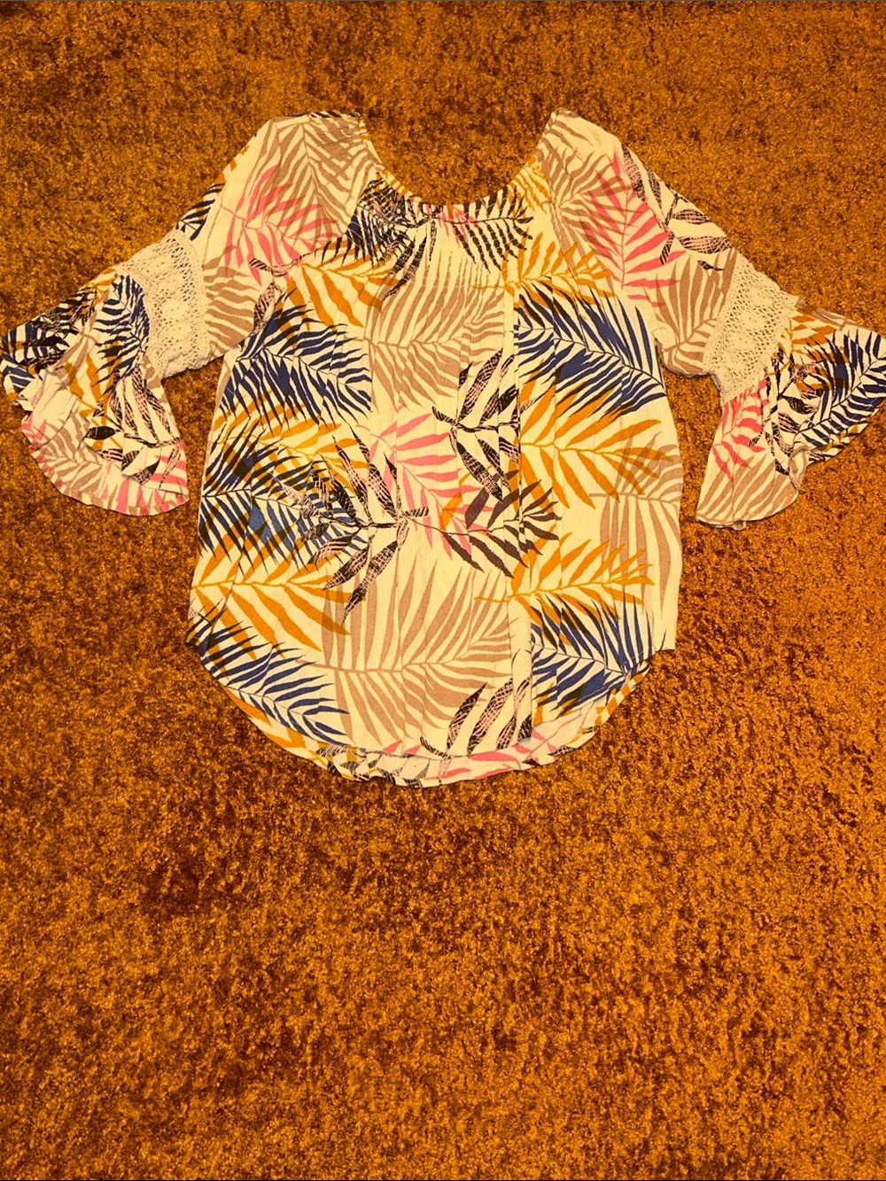Studio West Cream Tropical Leaf Blouse with Blue, Yellow & Pink Accents
